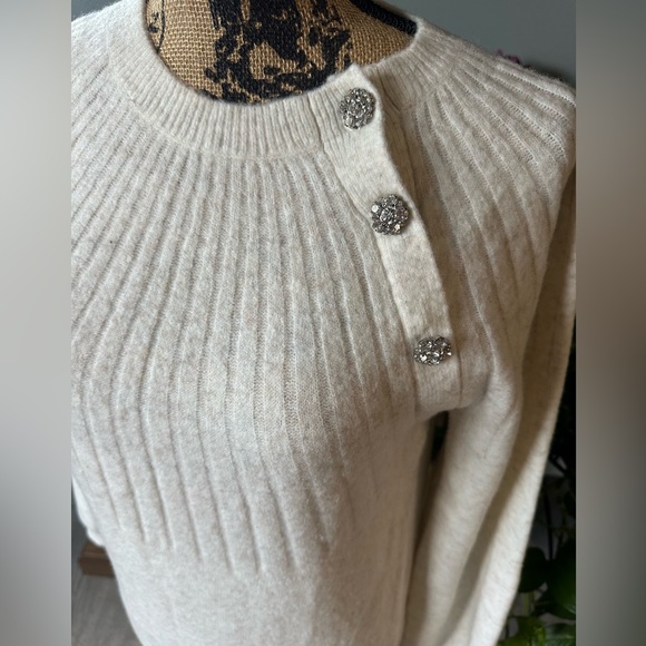 LOFT Cream Sweater with Rhinestone Buttons. NWOT. - Picture 2 of 5